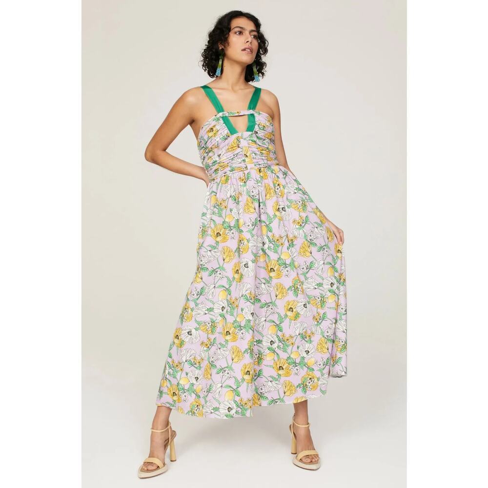 AMUR Lilac Petal Lemon Garden Purple Green Sleeveless‎ Leone Midi Dress Size 4